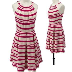 Eliza J Fit & Flare Mini Dress Cotton A Line Pleated Striped Pink Cream Womens 4